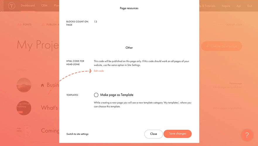 Website page resources settings: HTML head code editor, template option